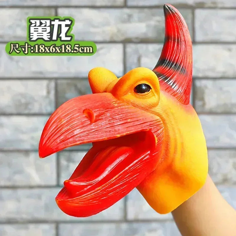 A realistic orange dinosaur hand puppet toy with a large beak and textured skin.
