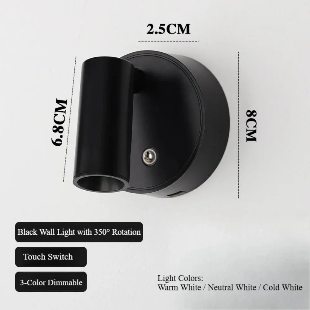 Black wall light with touch switch and 360 rotation feature shown in a vertical view.