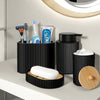 Matte black bathroom accessories set featuring a soap dispenser, brush, and holder on a white surface.