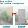 Before and after images showing easy patching of a fiberglass screen with repair tape to prevent mosquito entry.