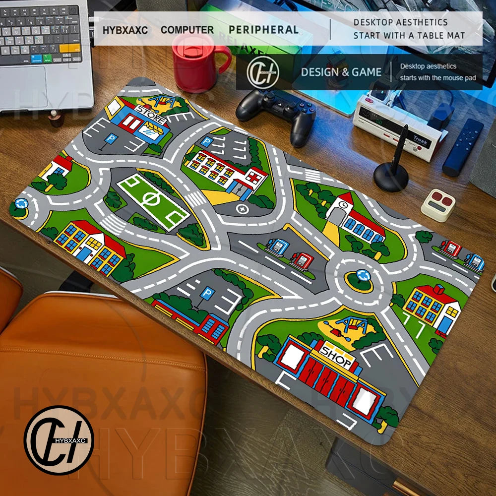 A large gaming mouse pad featuring a vintage city road design with buildings and roads.