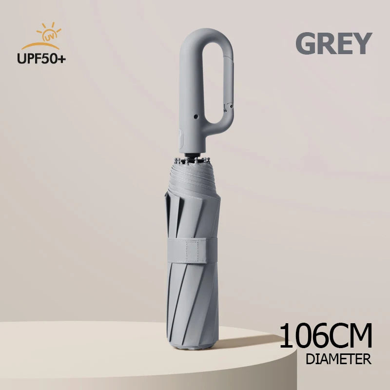 Grey windproof reverse folding umbrella with a carabiner handle and 106cm diameter.