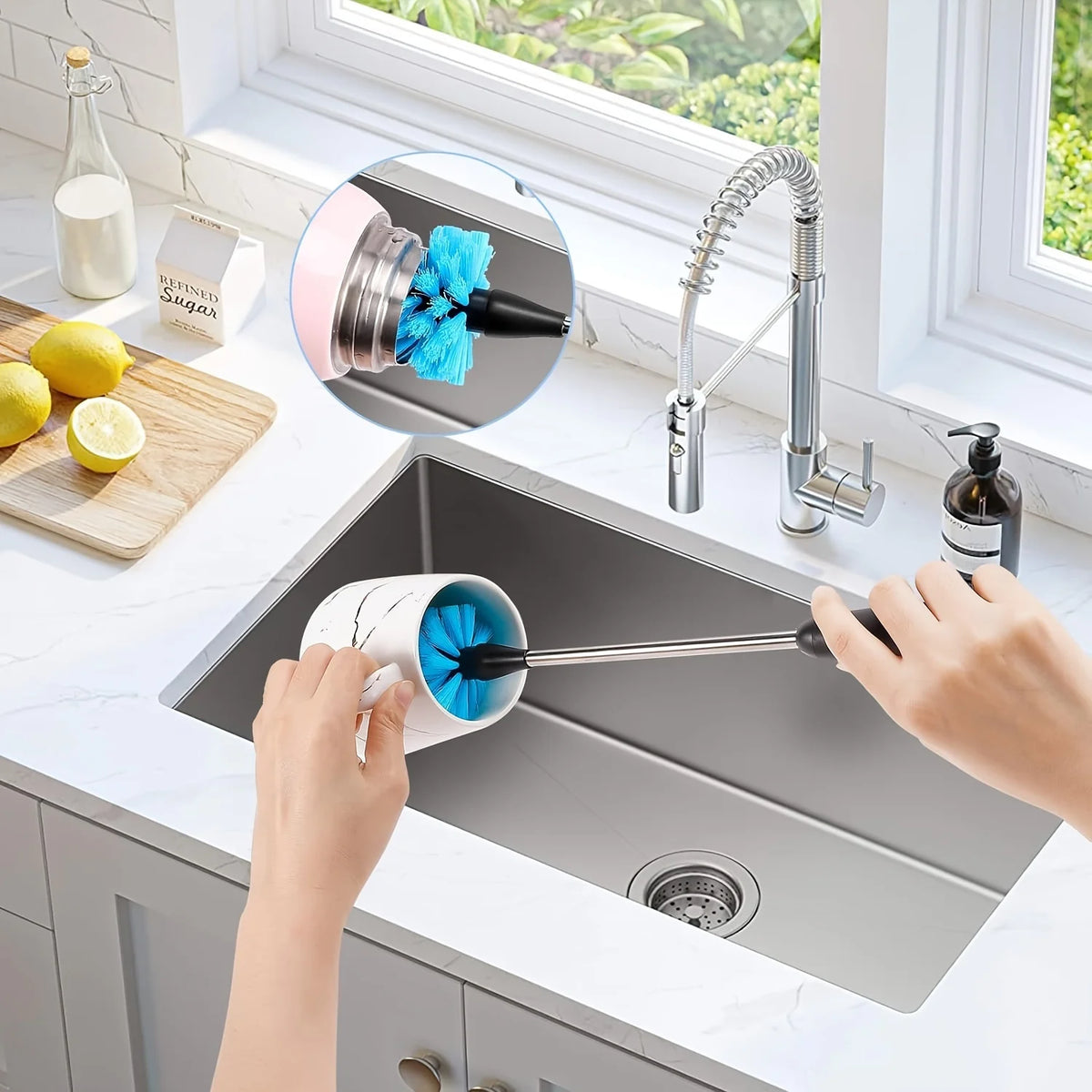 A hand is using a 3-in-1 bottle cleaning brush set with long handles to clean a kitchen sink.