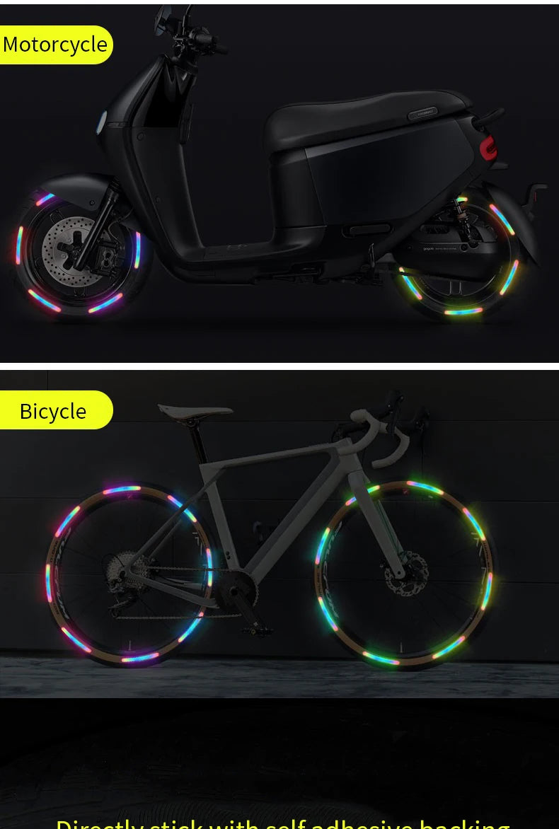 A motorcycle and a bicycle are shown with reflective wheel rim stickers for night safety and style.