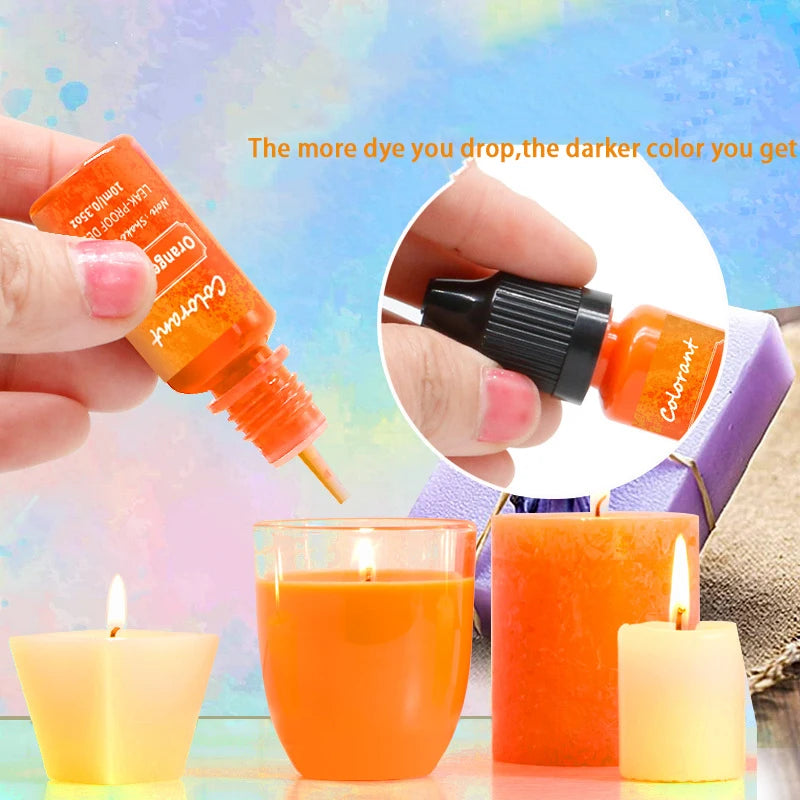 A hand is shown dropping orange liquid dye into a candle, with finished orange and orange-colored candles nearby.