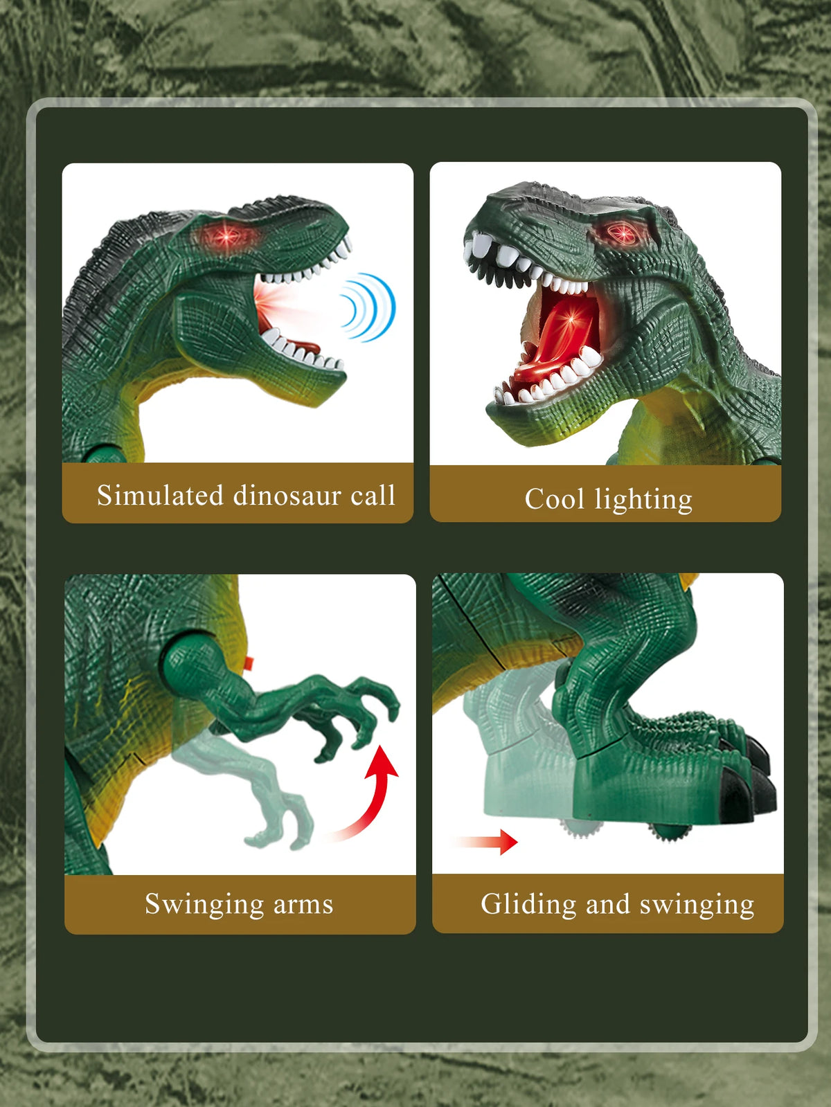 A set of dinosaur toys showing simulated calls, cool lighting, swinging arms, and gliding movements.