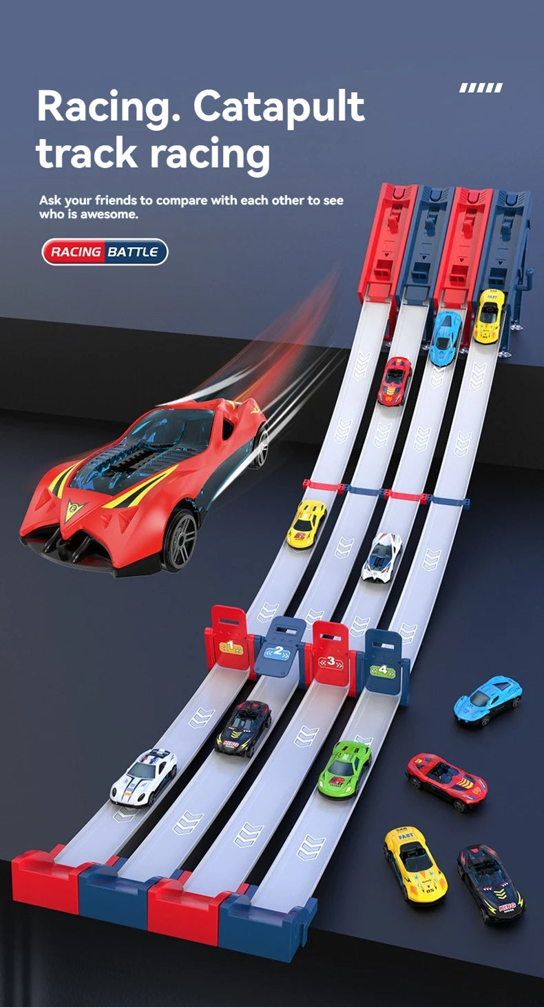 A set of racing catapult tracks featuring various die-cast cars competing on a track.