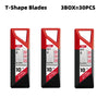 A set of ten red and black T-shape utility knife blades packaged in a box.