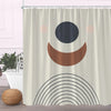A beige fabric shower curtain featuring a smiling face design with black and brown geometric patterns.