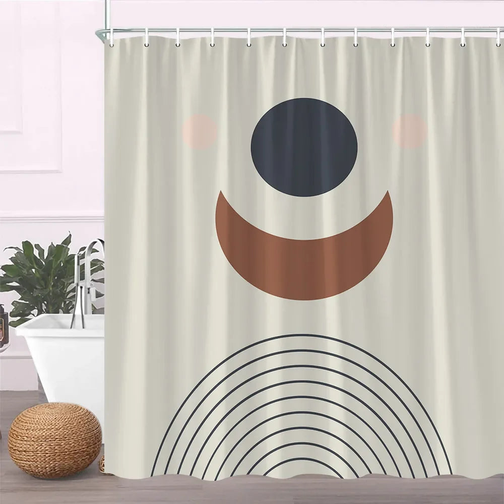 A beige fabric shower curtain featuring a smiling face design with black and brown geometric patterns.