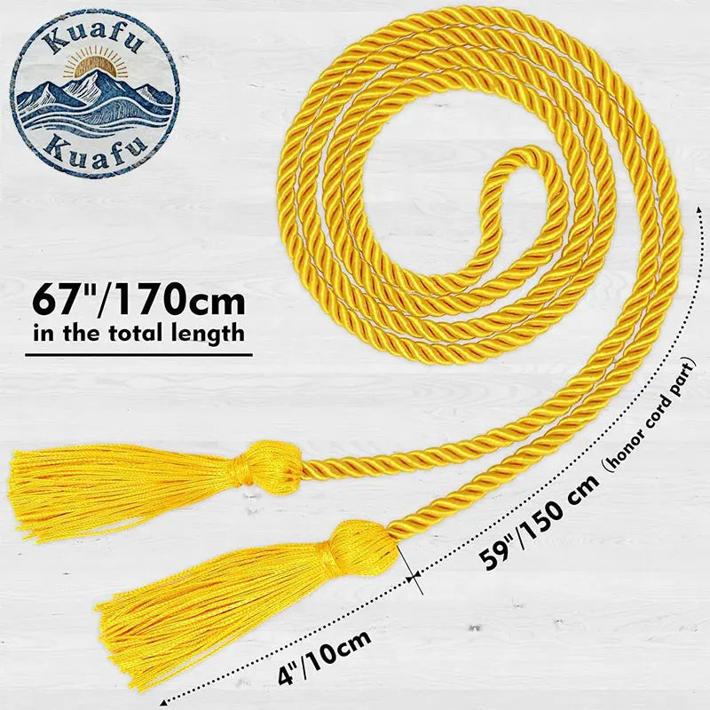 Yellow graduation honor cords with tassels, 67 inches long, shown coiled and unfurled.