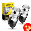 A box of AUXITO LED light bulbs for automotive use, showing various bulb types and a glowing red light.