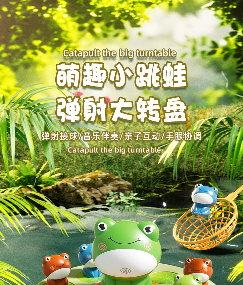 A colorful jumping frog catch game featuring plastic frogs, a green frog character, and an orange frog in a natural outdoor s