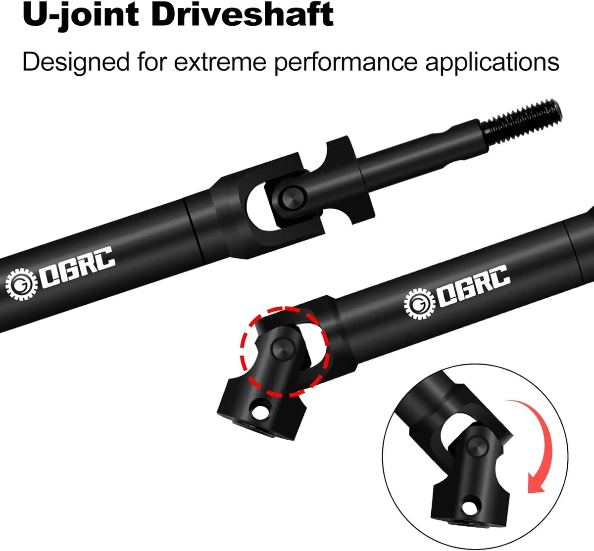 A black U-joint driveshaft is shown, designed for extreme performance applications.