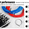 A bundle of red and blue cable ties is shown alongside various sizes and a stainless steel ring, demonstrating excellent perf