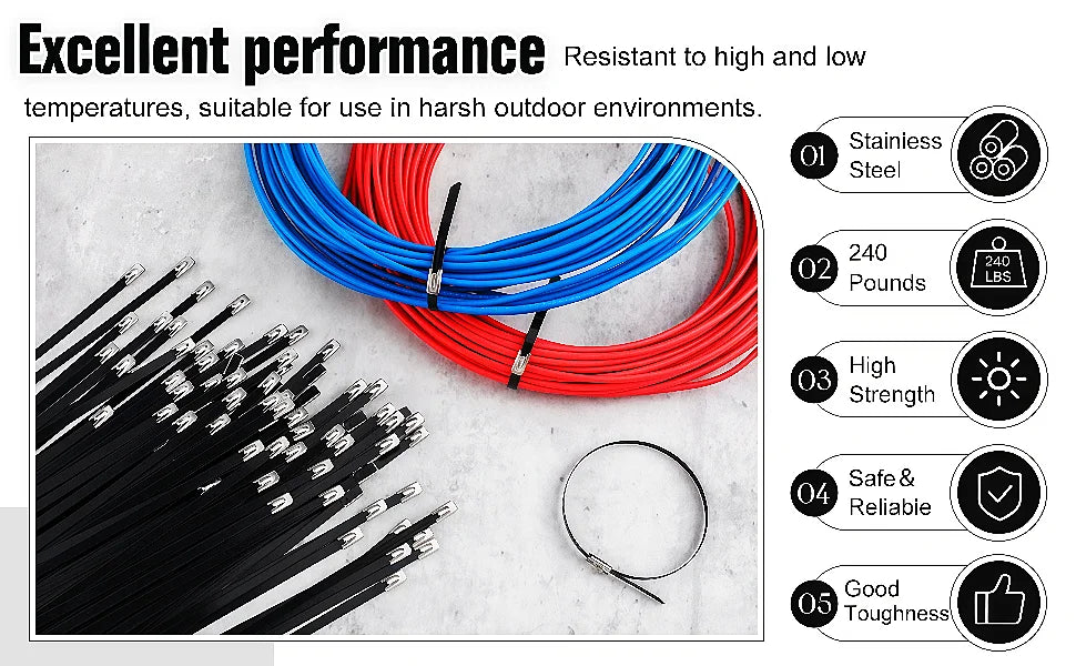 A bundle of red and blue cable ties is shown alongside various sizes and a stainless steel ring, demonstrating excellent perf