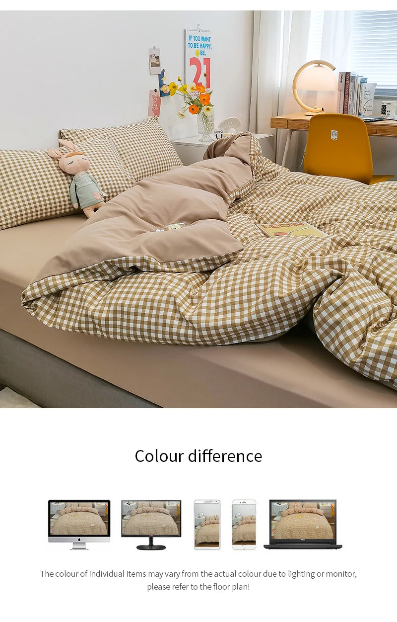 100% Cotton Duvet Cover Set with Plaid Stripe – Breathable & Skin-Friendly