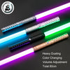 An RGB lightsaber with a metal hilt is shown in various colors, including purple, blue, and green, highlighting its volume ad