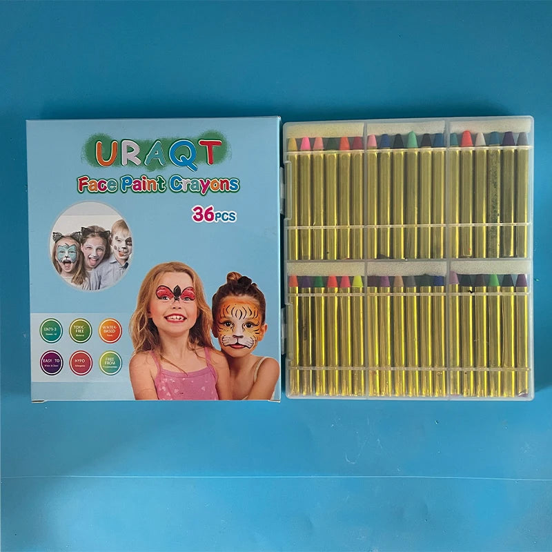 A box of URAQT Face Paint Crayons showing various colors and a set of paint sticks.