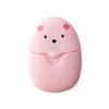 A pink bear-shaped electronic device designed to dispense paper soap sheets.