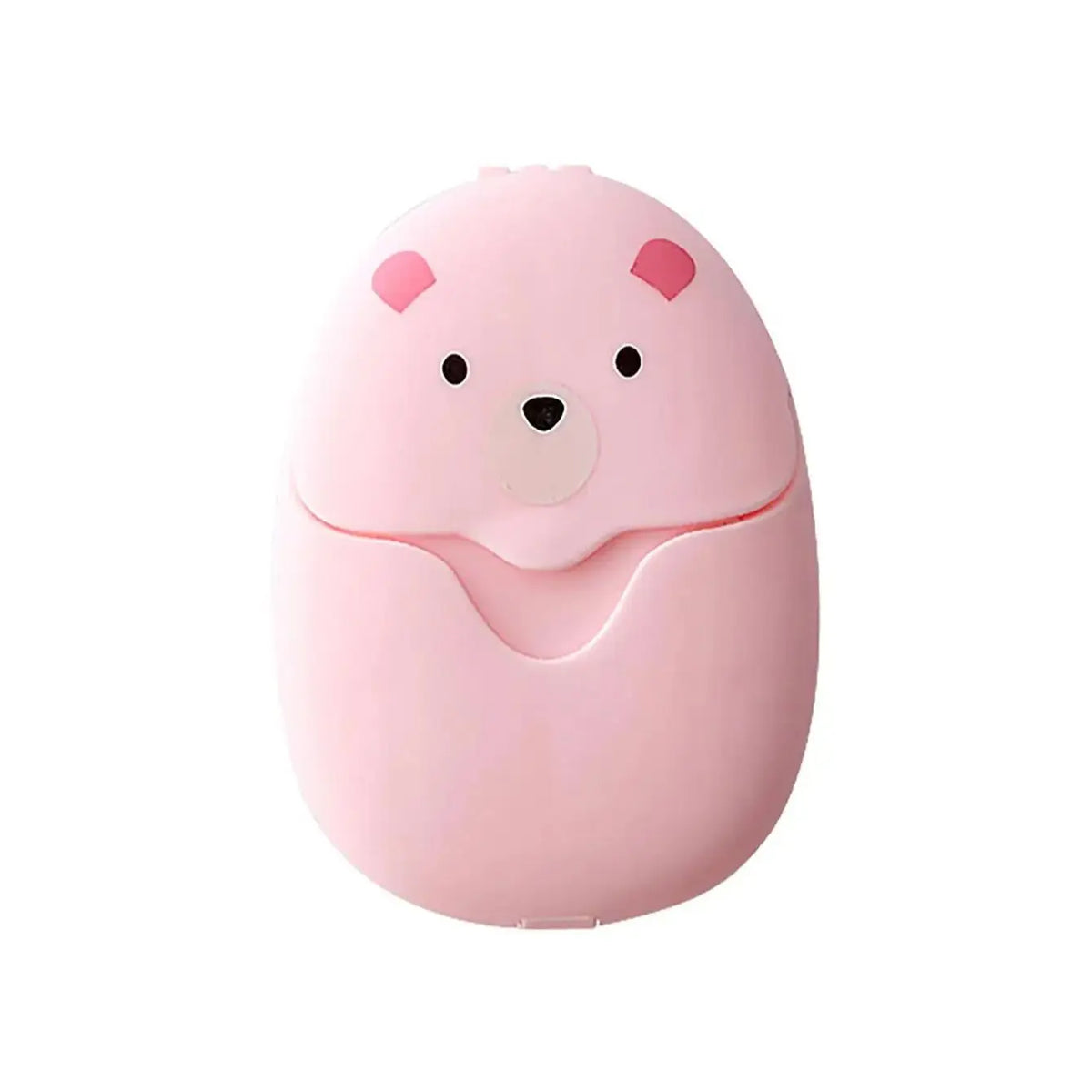 A pink bear-shaped electronic device designed to dispense paper soap sheets.