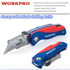 A blue and red WorkPro folding knife with a silver blade is shown, demonstrating its storageable blade folding feature.