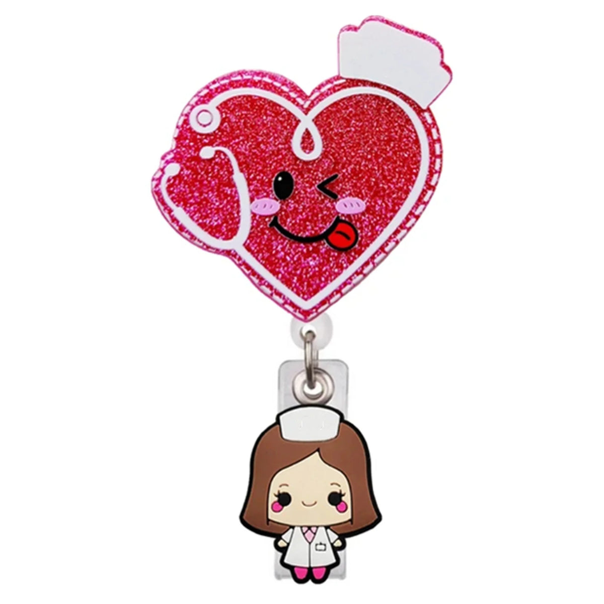 Heart Shape Glitter Acrylic Retractable Badge Reel with Crocodile Clip
