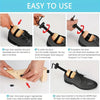 A set of adjustable wooden shoe stretchers shown in various stages of use for stretching shoes.