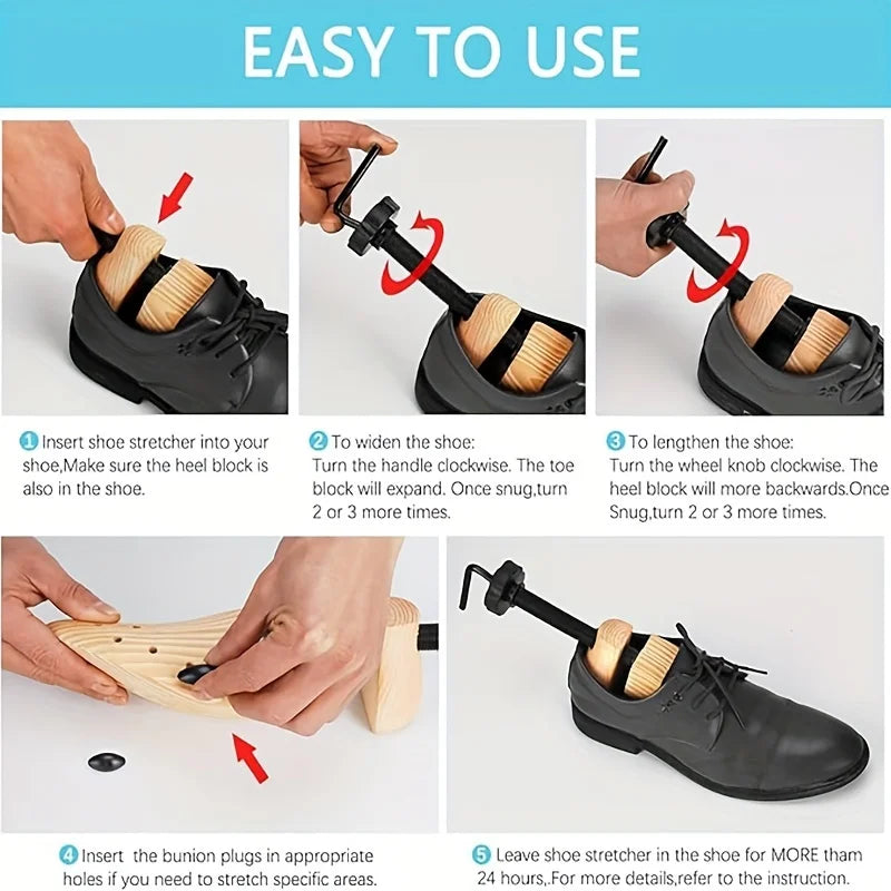 A set of adjustable wooden shoe stretchers shown in various stages of use for stretching shoes.