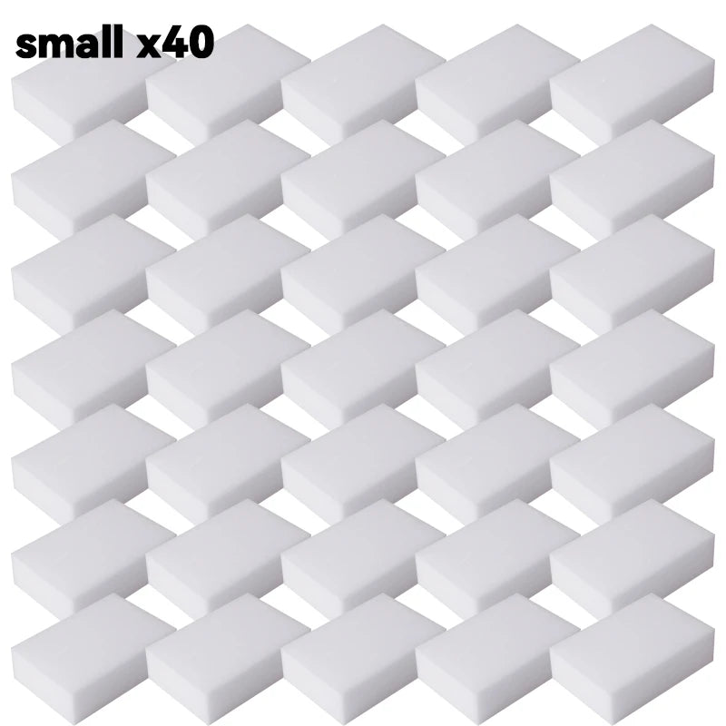 A grid of forty small white melamine sponge cleaning erasers.