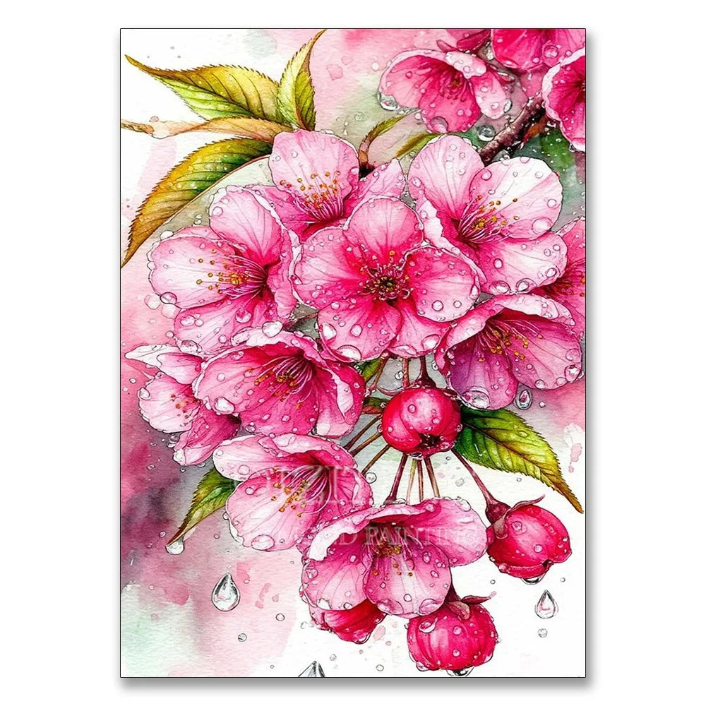 A close-up of pink hydrangea flowers and green leaves with water droplets, suitable for a diamond painting kit.