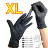 A hand wearing a black nitrile disposable glove is shown next to the size chart for gloves.