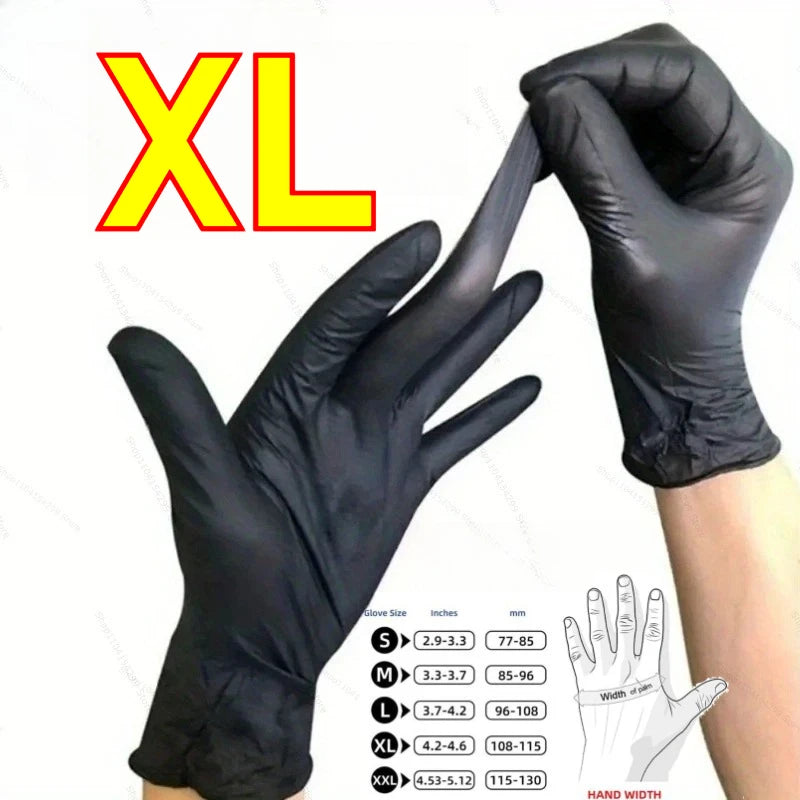 A hand wearing a black nitrile disposable glove is shown next to the size chart for gloves.
