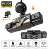 A black 4-lens dashcam is shown with various features like video reduction, night mode, and loop recording.