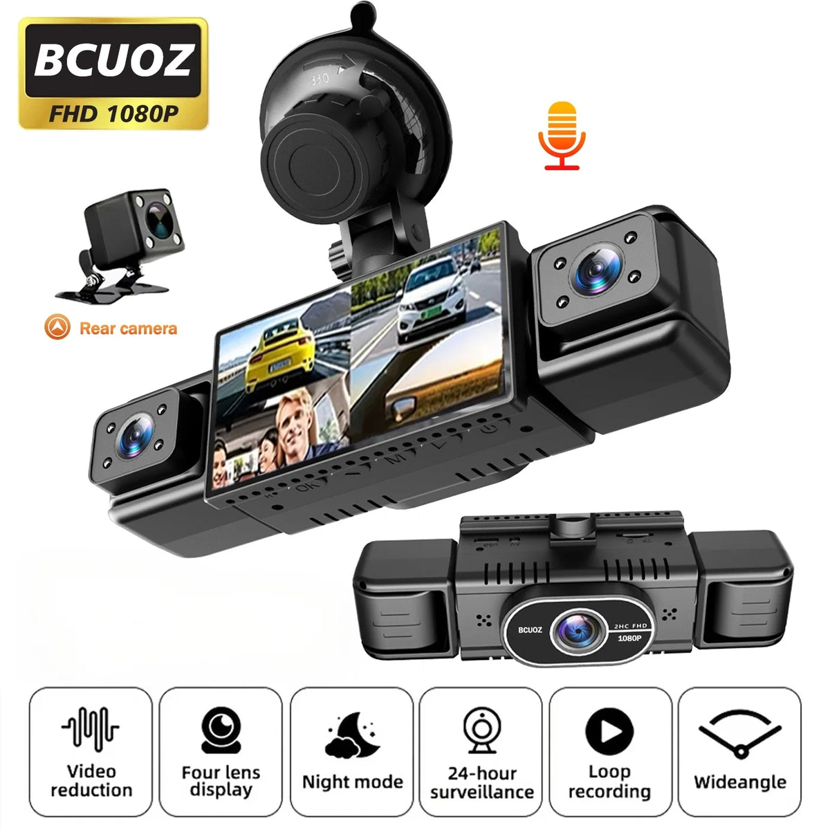 A black 4-lens dashcam is shown with various features like video reduction, night mode, and loop recording.