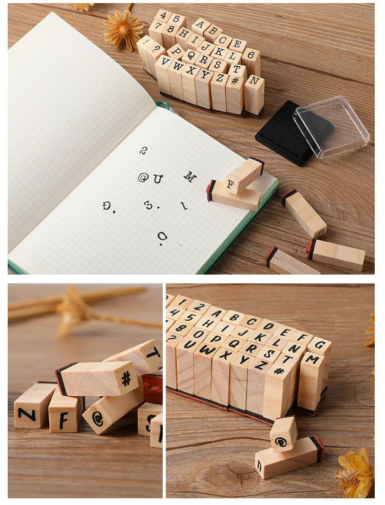 Vintage Wooden Rubber Stamp Set with Ink Pad