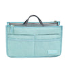 Light blue fabric purse organizer insert with multiple compartments and a handle