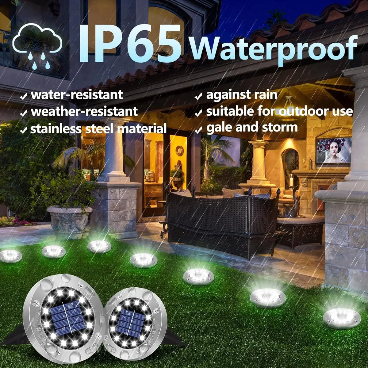 Two round solar pathway lights made of stainless steel and ABS are placed on a green lawn under a rainy night sky.