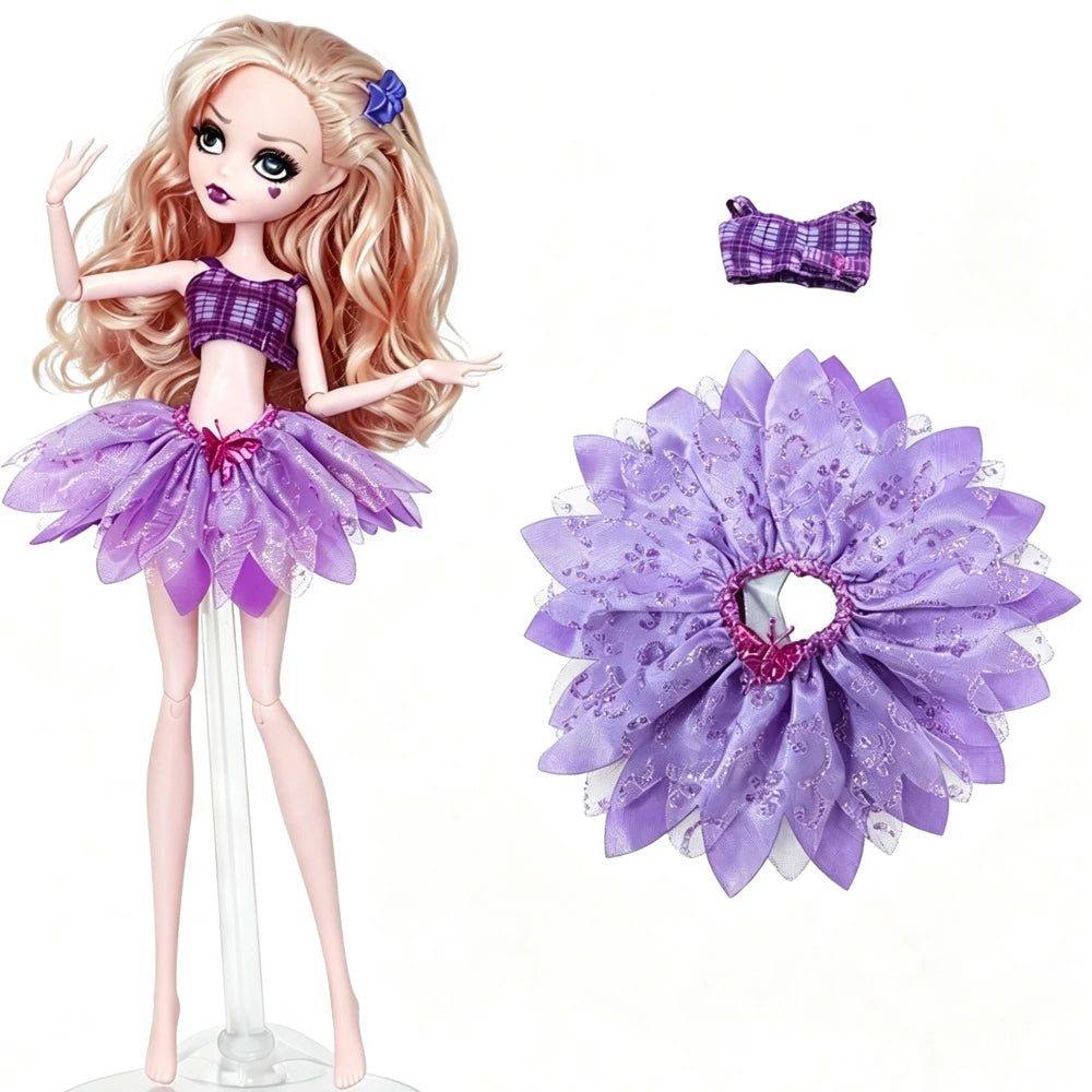 A fashion doll with long blonde hair wearing a purple dress and accessories, alongside a separate purple fabric flower.