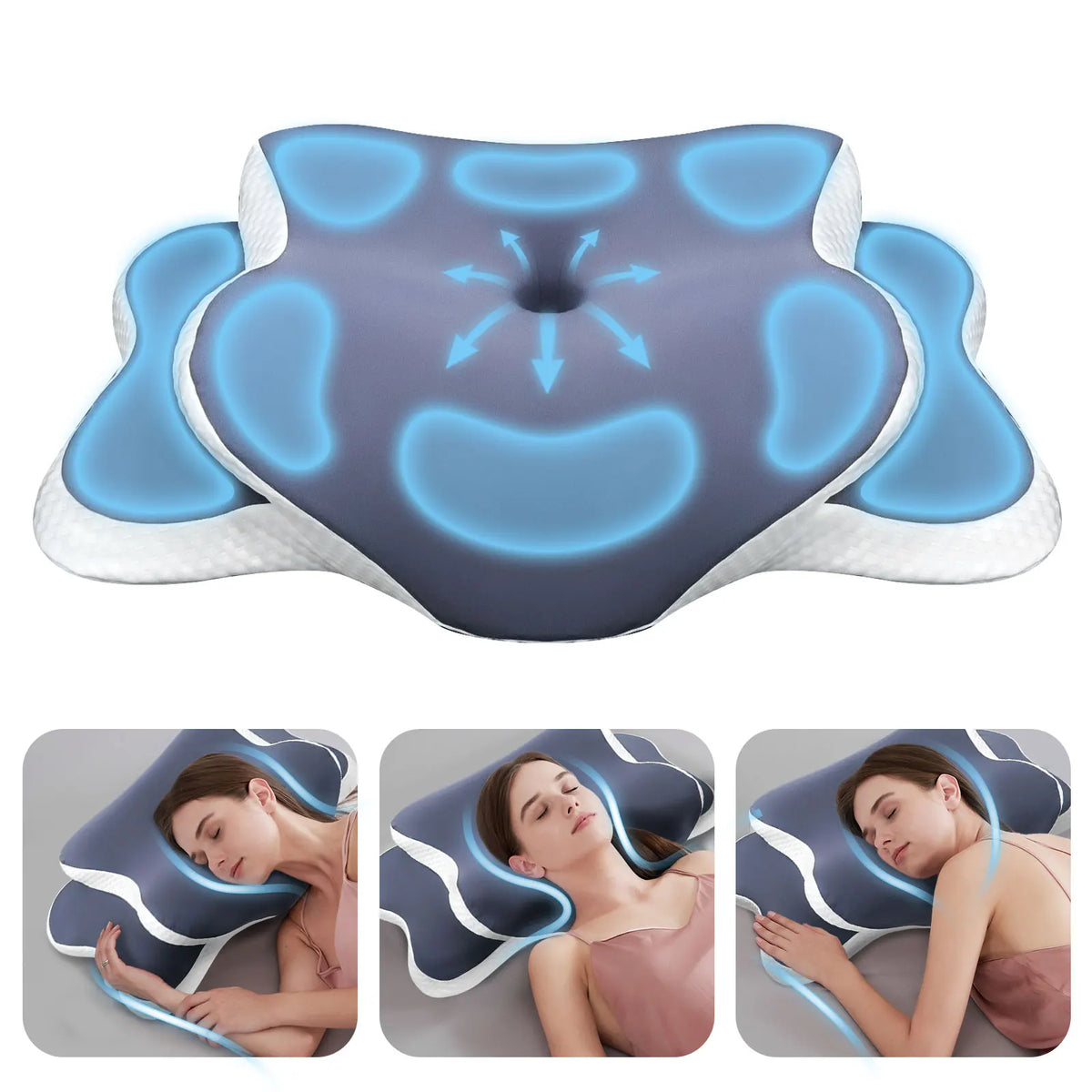 وسادة رقبة من الإسفنج الذاكرة ذات تصميم منحوتة، معروضة من زوايا واستخدامات مختلفة.