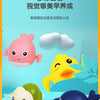 A colorful set of wind-up bath toys featuring cartoon turtles, ducks, and whales floating in water.