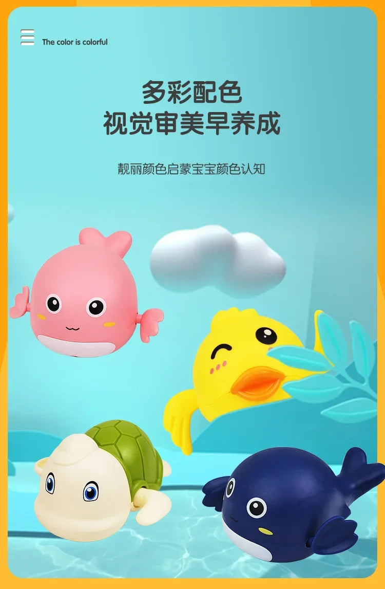 A colorful set of wind-up bath toys featuring cartoon turtles, ducks, and whales floating in water.