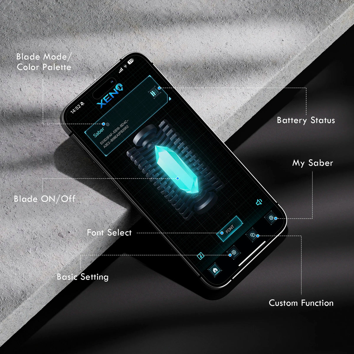 A smartphone screen displaying various settings and functions related to a lightsaber device.