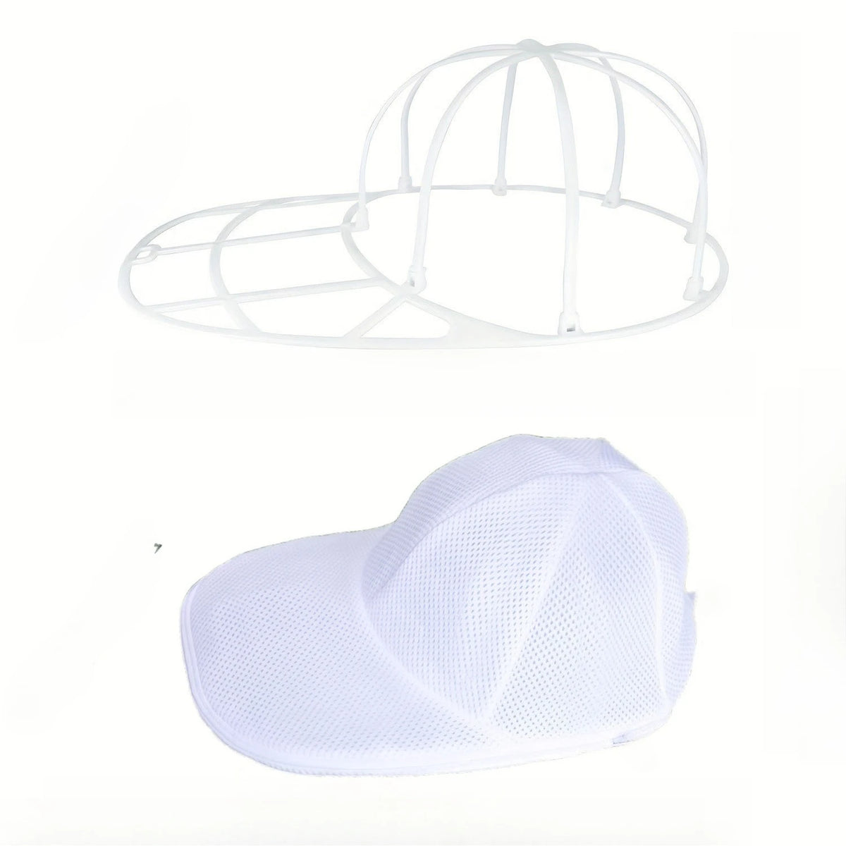White mesh baseball cap washing bag with an adjustable hat rack
