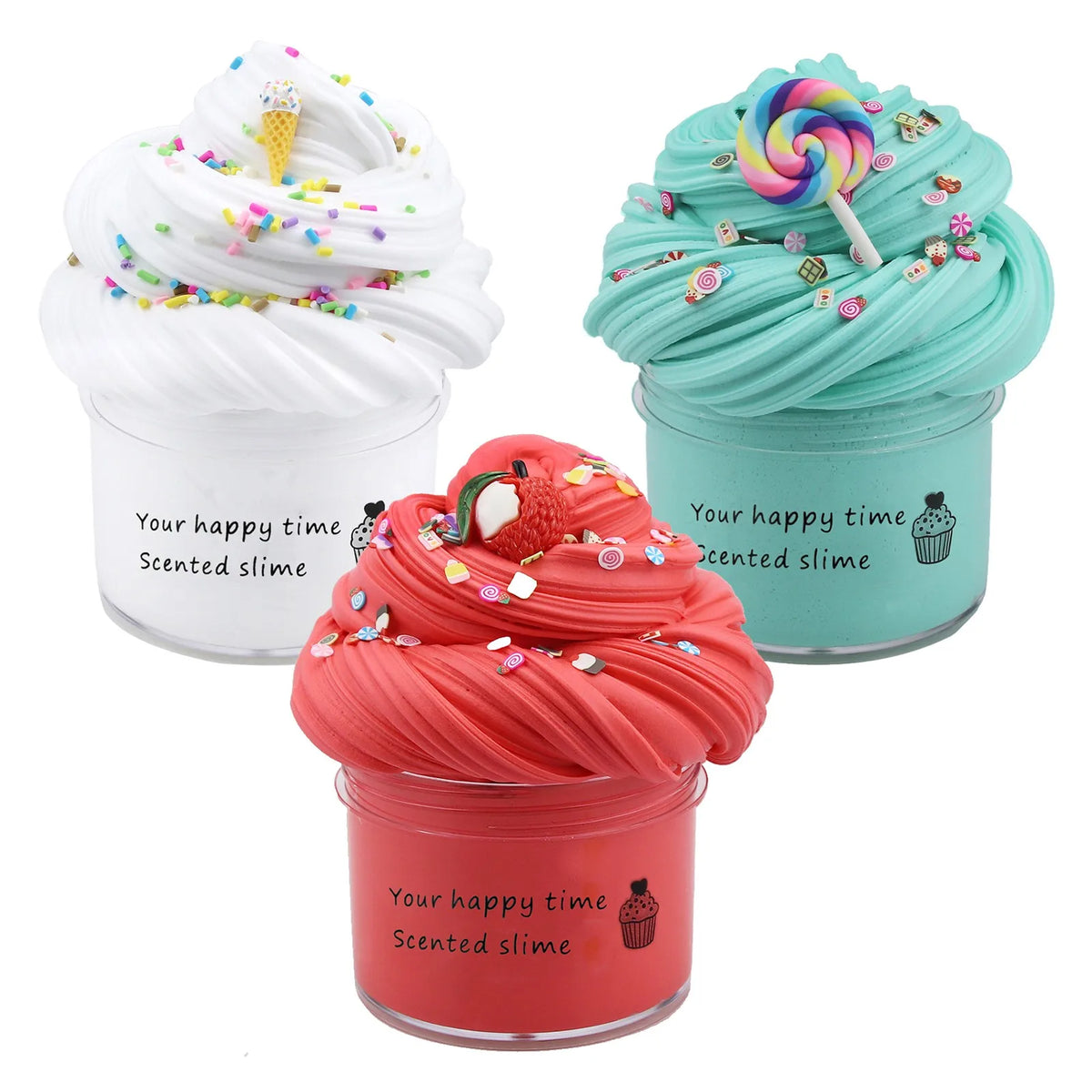 Three jars of scented slime are shown, featuring white, teal, and pink colors with colorful sprinkles.