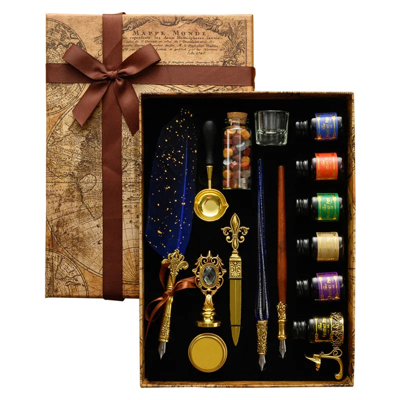A vintage calligraphy fountain pen set with a wax seal stamp kit presented in a brown paper box.
