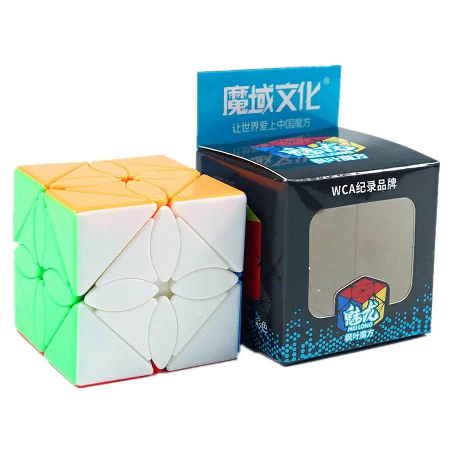A box and a cube of the Meilong Alien Speed Cube puzzle in various colors.