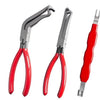 A set of red and silver professional hose clamp pliers for fuel line disconnection.