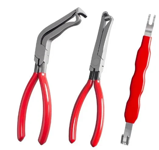 A set of red and silver professional hose clamp pliers for fuel line disconnection.