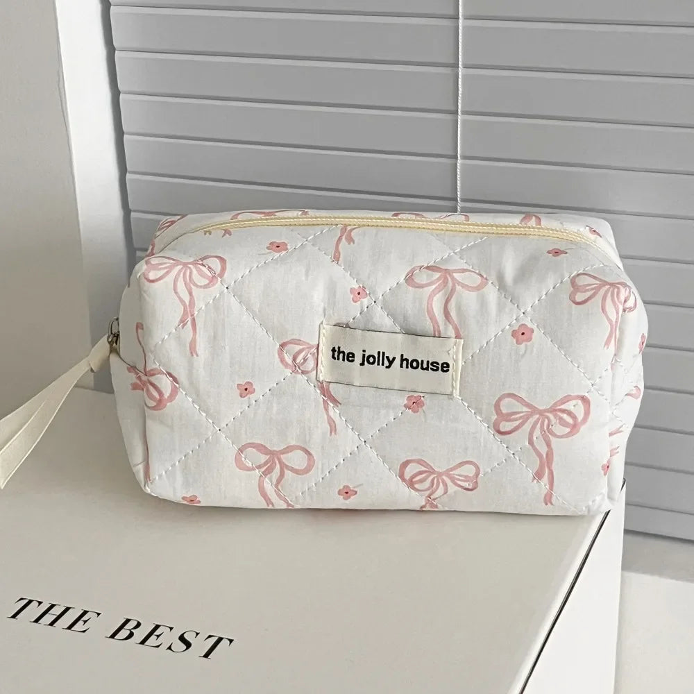 Pink Bow Plaid Quilted Cosmetic Bag with Multiple Compartments